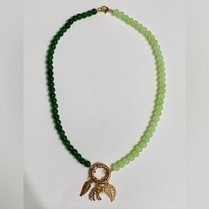 Handmade Green Beaded Necklace with Gold Charms